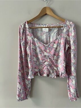 Abound Pink Floral Ruched Ruffle Long-Sleeve Top ladies size xxs
